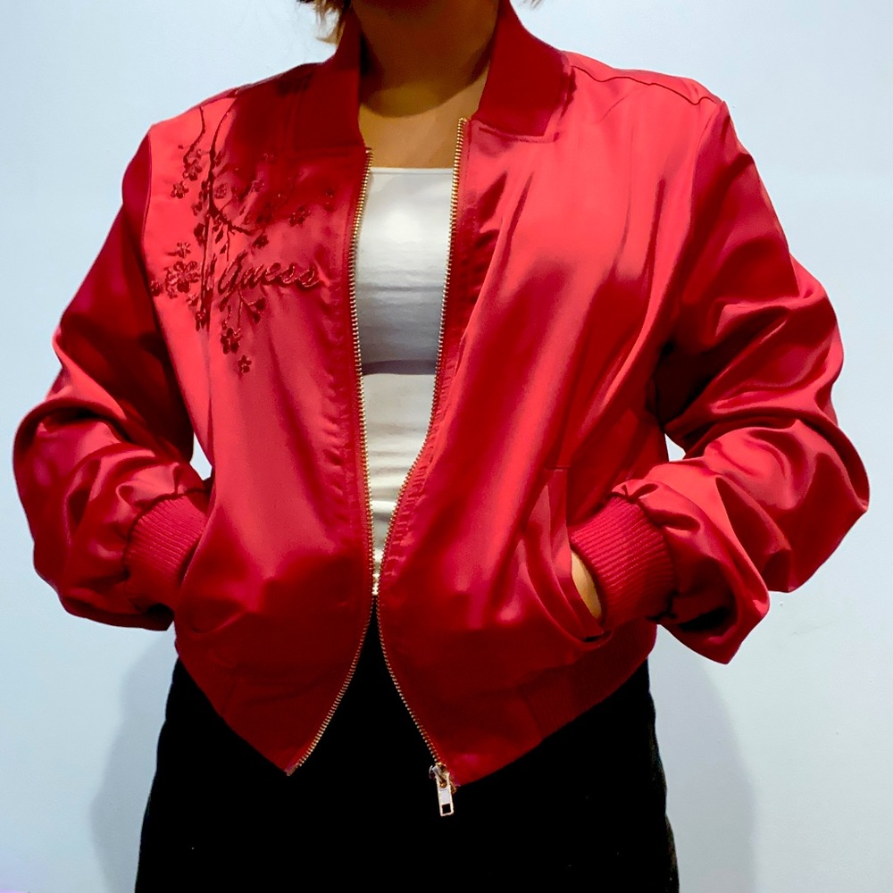 🥀🟥 RED CHERRY BLOSSOM EMBROIDERED GUESS BOMBER JACKET 🟥🥀